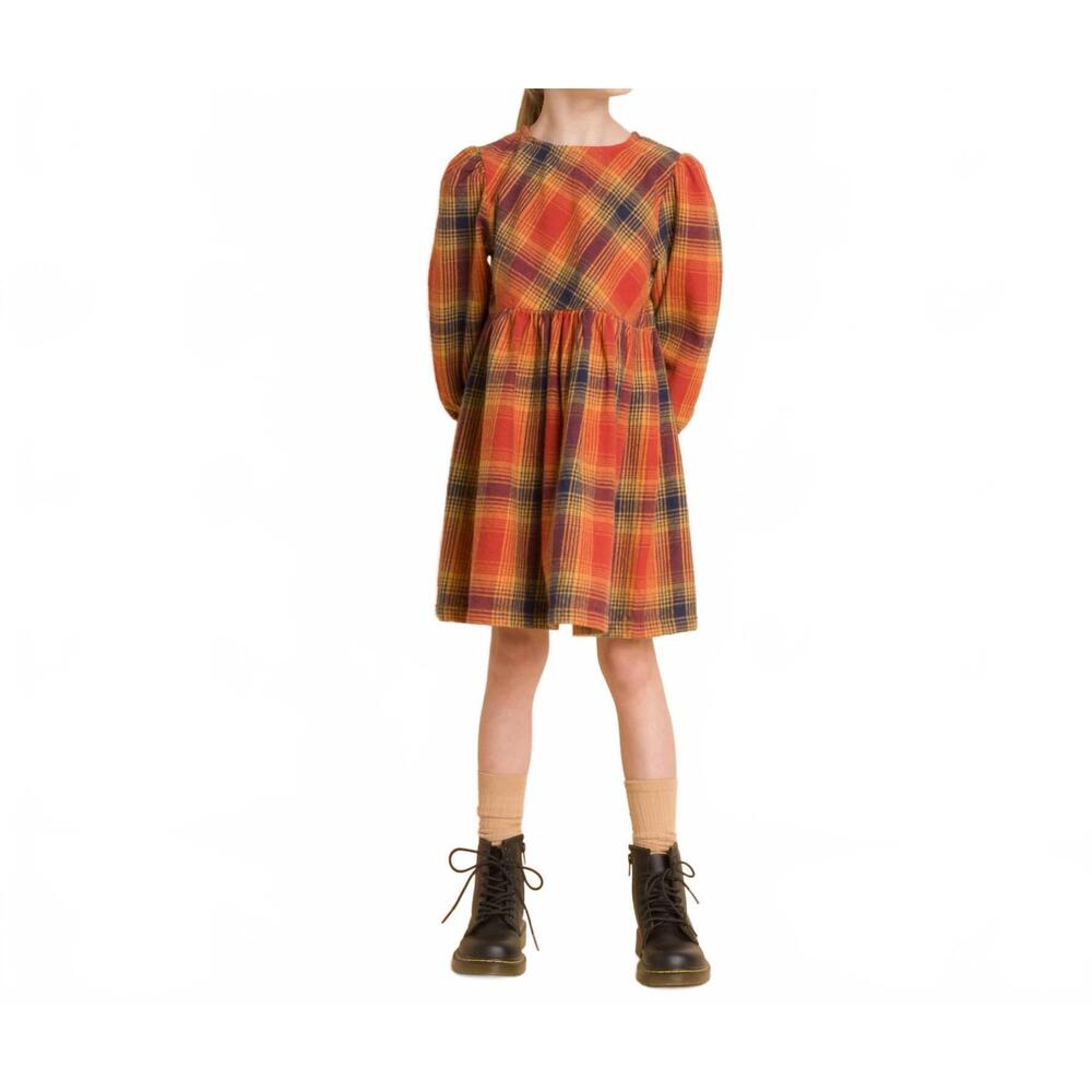 NEW BEET WORLD phoebe long sleeve dress in orange winter plaid